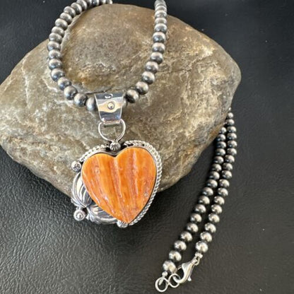 Navajo Orange Spiny Oyster Heart Pendant Necklace | Sterling Silver | Authentic Native American Handmade | 16413