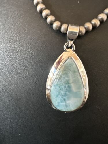 Navajo Blue Larimar Pendant Necklace | Sterling Silver Beads | Authentic Native American Handmade | 17603
