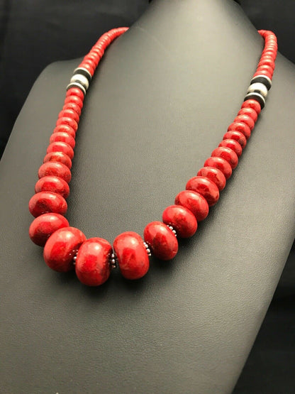 Navajo Sterling Silver Necklace with Apple Sponge Coral Beads | Authentic Native American Jewelry | 25" | 3262