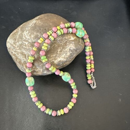 Navajo Green Turquoise Rhodochrosite Necklace | Sterling Silver | Authentic Native American Handmade | 20" | 17492