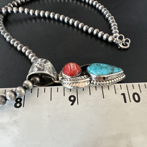 Navajo Blue Turquoise Red Spiny Oyster Pendant Necklace | Sterling Silver | Multi-Stone | 16291
