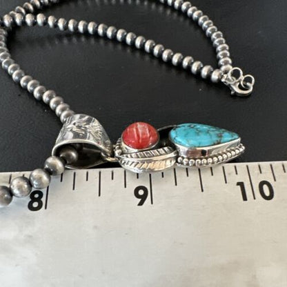 Navajo Blue Turquoise Red Spiny Oyster Pendant Necklace | Sterling Silver | Multi-Stone | 16291