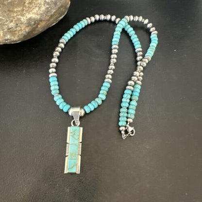 Navajo Turquoise #8 Inlay Pendant Necklace | Sterling Silver | Authentic Native American Handmade | 17055