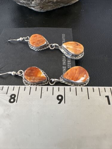 Navajo Orange Spiny Oyster Dangle Earrings | Sterling Silver | 1.5" | Authentic Native American Handmade | 16573