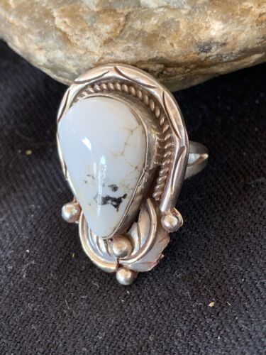 Navajo White Buffalo Turquoise Ring | Sterling Silver | Sz 9 | Authentic Native American Handmade | 00685