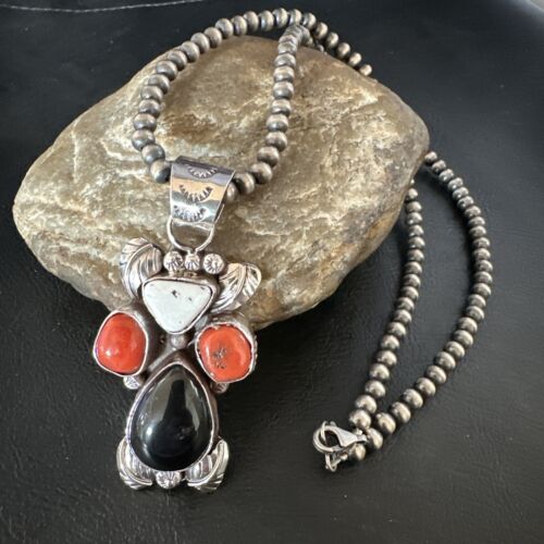 Navajo White Buffalo Coral Onyx Pearls Cluster Pendant | Sterling Silver | Native American Handmade | 15370