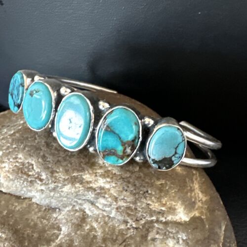 Navajo Blue Arizona Turquoise Cuff Bracelet | Sterling Silver | 5 Stone | Authentic Native American Handmade | 16277