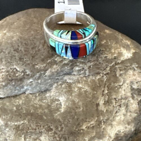 Zuni Inlay Multicolor Opal Coral Turquoise Sterling Silver Ring Size 6 12400
