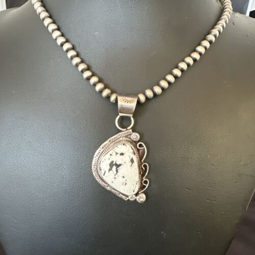 Navajo White Buffalo Turquoise Pendant Necklace | Sterling Silver Pearls | Authentic Native American | 17111