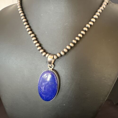 Navajo Blue Lapis Pendant with Pearls | Sterling Silver Necklace | 20" | Authentic Native American Handmade | 16661