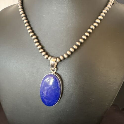 Navajo Blue Lapis Pendant with Pearls | Sterling Silver Necklace | 20" | Authentic Native American Handmade | 16661