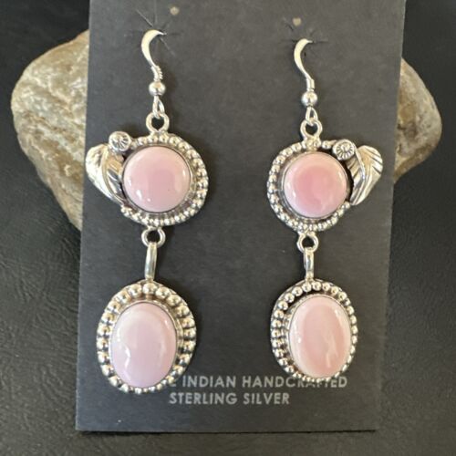 Navajo Pink Conch Shell Dangle Earrings | Sterling Silver | Authentic Native American Handmade | 17192