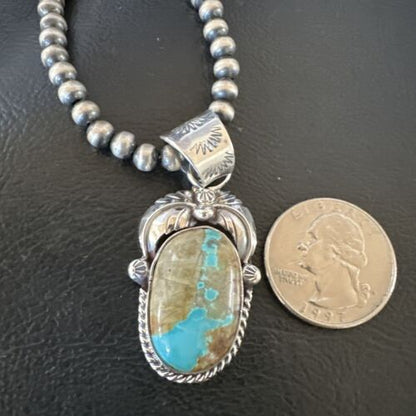 Navajo Blue Boulder Turquoise Necklace Pendant | Sterling Silver | Authentic Native American Handmade | 16139