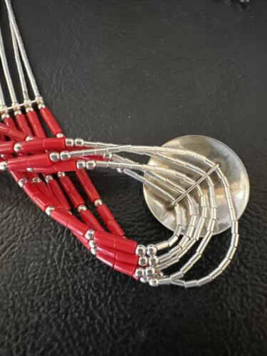 Navajo Concha Red Coral Heishi Necklace | 5 Strand Liquid Sterling Silver | 20" | 15878