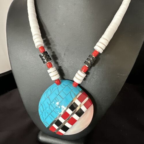 Navajo Shell Turquoise Coral Necklace | Sterling Silver | Stabilized | Inlay | 22" | Authentic Native American Handmade | 15323