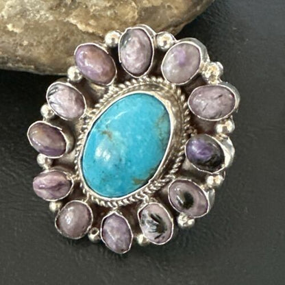 Navajo Kingman Turquoise Charoite Ring | Authentic Native American Sterling Silver | Multi-Stone | Sz 10.5 | 17180
