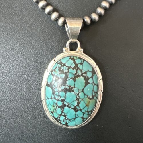 Men's Navajo Blue Spiderweb Turquoise Pendant Necklace | Sterling Silver | Authentic Native American Handmade | 16213