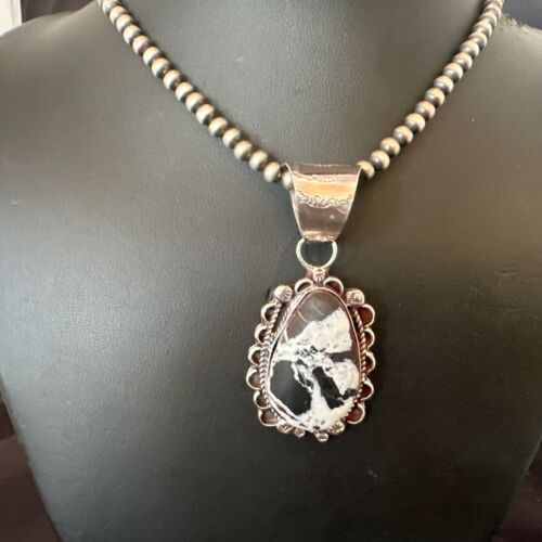 Men's White Buffalo Turquoise Pendant | Navajo Pearl Sterling Silver Necklace 21" | Handmade 17039