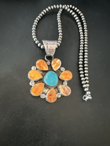 Navajo Blue Turquoise | Spiny Oyster Pendant Necklace | Sterling Silver | Multi-Stone | 16834