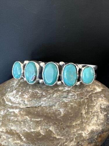 Women's Blue Turquoise 5-Stone Cuff Bracelet | Navajo Sterling Silver | Authentic Native American Jewelry | 16279