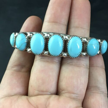 Navajo Sterling Silver Bracelet | Kingman Turquoise | Multi-Stone 7-Stone | Authentic Native American Handmade