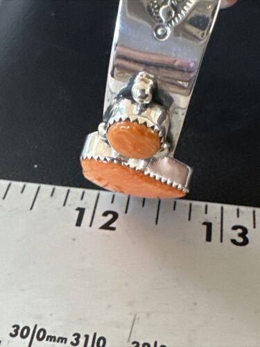 Navajo Orange Spiny Oyster Heart Cuff Bracelet | Sterling Silver | Authentic Native American Handmade | 15349