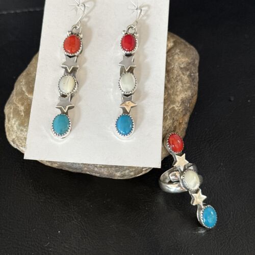 Navajo Coral Mother of Pearl Turquoise Earrings & Ring Set | Sterling Silver | Sz 7 | Authentic Native American Handmade | 15326