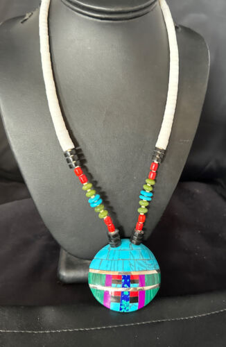 Santo Domingo Shell Turquoise Coral Inlay Necklace | Sterling Silver | 22" | Stabilized | 15324