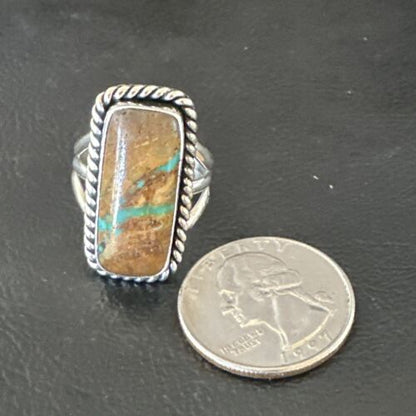 Navajo Ribbon Boulder Green Turquoise Ring | Sterling Silver | Sz 8 | Authentic Native American Handmade | 16384