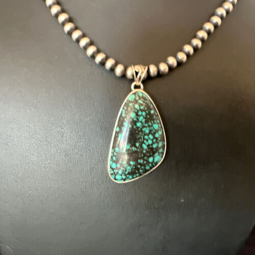 Men's Navajo Blue Spiderweb Turquoise Pendant Necklace | Sterling Silver | Authentic Native American Handmade | 16227