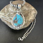Navajo Blue Kingman Turquoise Pendant Necklace | Sterling Silver | Native American Handmade | 16023