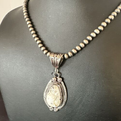 Navajo White Buffalo Turquoise Pendant Necklace | Sterling Silver | Authentic Native American Handmade | 17512 - Masha USA