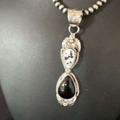 Navajo White Buffalo Turquoise Onyx Necklace Pendant | Sterling Silver | Authentic Native American Handmade | 15316