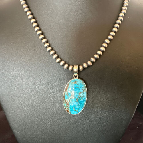Men's Navajo Blue Spiderweb Turquoise Pendant Necklace | Sterling Silver | Authentic Native American Handmade | 16299