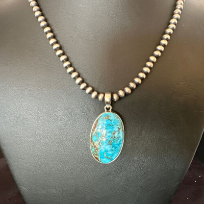Men's Navajo Blue Spiderweb Turquoise Pendant Necklace | Sterling Silver | Authentic Native American Handmade | 16299