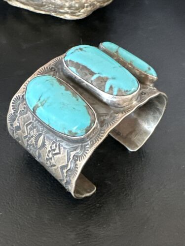 XL Men's Kingman Blue Turquoise 3 Stone Cuff Bracelet | Navajo Sterling Silver | 15857