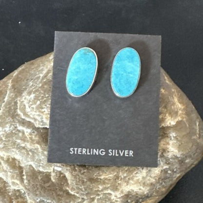 Navajo Blue Kingman Turquoise Post Stud Earrings | Sterling Silver | Authentic Native American Handmade | 17411