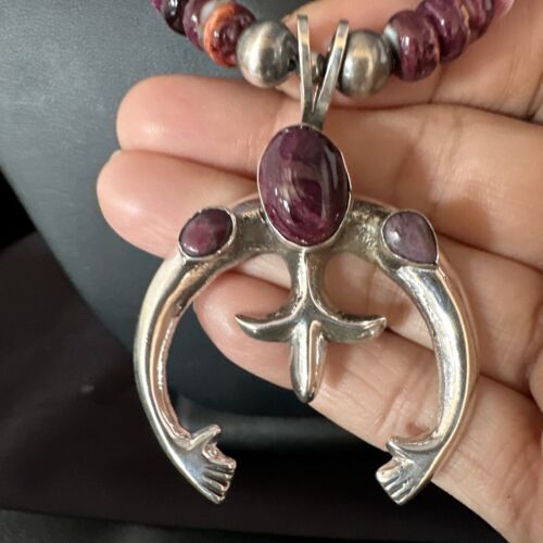 Navajo Purple Spiny Oyster Turquoise Naja Pendant Necklace | Sterling Silver | Native American Handmade | 15263