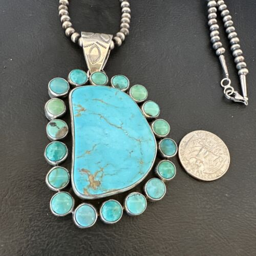 Navajo XL Blue Kingman Turquoise Cluster Pendant Necklace | Sterling Silver | Native American Handmade | 16796