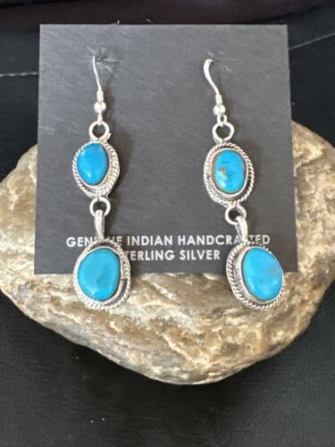 Kingman Turquoise Dangle Earrings | Navajo Handmade | Sterling Silver | Authentic Native American | 14864
