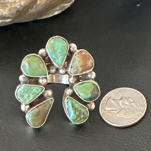 Navajo Green Turquoise Cluster Ring | Authentic Native American Sterling Silver | Multi-Stone | Sz 9 | 15660