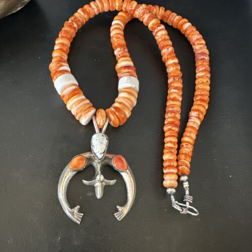 Navajo White Buffalo Turquoise Spiny Naja Pendant Necklace | Sterling Silver | 23" | 15027 - Masha USA