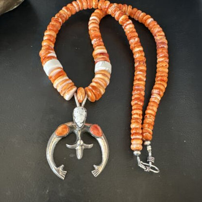 Navajo White Buffalo Turquoise Spiny Naja Pendant Necklace | Sterling Silver | 23" | 15027 - Masha USA