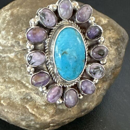 Navajo Kingman Turquoise Charoite Ring | Authentic Native American Sterling Silver | Multi-Stone | Sz 10.5 | 17180
