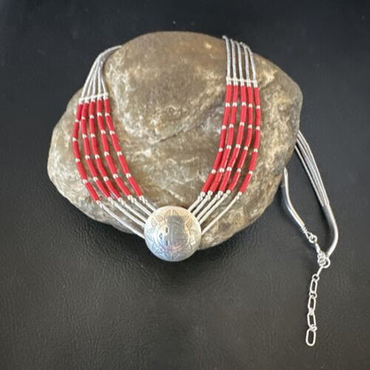 Navajo Concha Red Coral Heishi Necklace | 5 Strand Liquid Sterling Silver | 20" | 15878