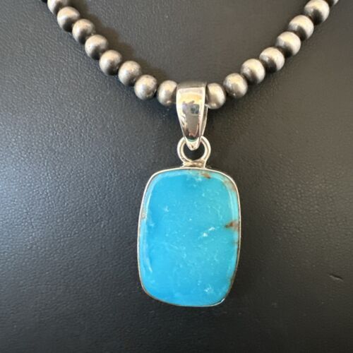 Navajo Blue Kingman Turquoise Pendant Necklace | Sterling Silver | 20" | Authentic Native American Handmade | 16998