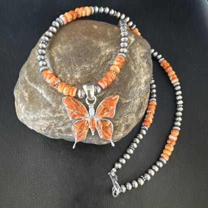 Navajo Butterfly Orange Spiny Oyster Inlay Sterling Silver Pendant Necklace | 15428