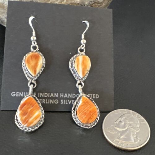 Navajo Orange Spiny Oyster Dangle Earrings | Sterling Silver | 1.5" | Authentic Native American Handmade | 16564