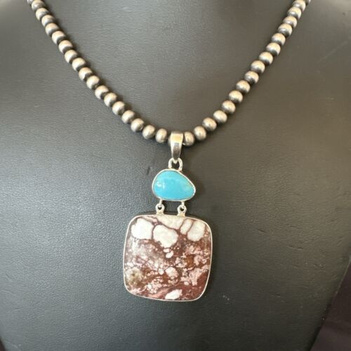 Men's Wild Horse & Blue Kingman Turquoise Necklace | Sterling Silver SW Pendant | 17320