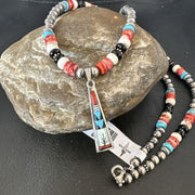 Navajo Turquoise Spiny Oyster Inlay Pendant Necklace | Sterling Silver | Authentic Native American Handmade | 13562